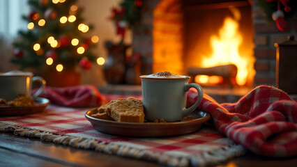 Fototapeta premium Cozy Fireplace Scene with Family Enjoying Christmas Comfort and Cheer