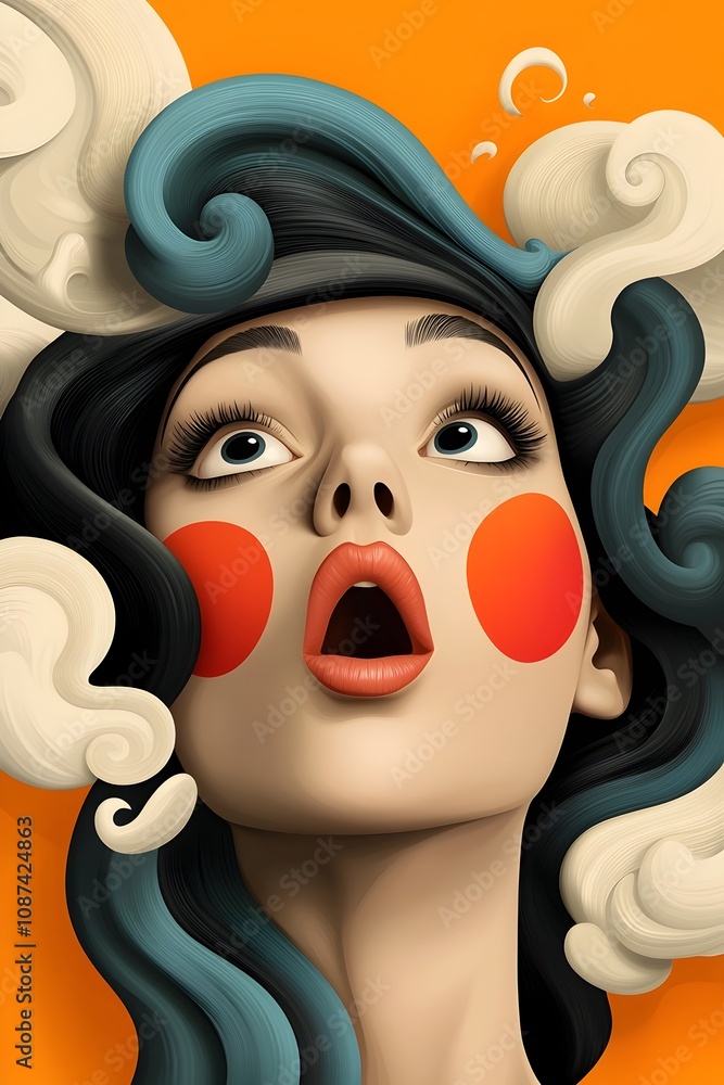 Poster captivating retro pop art woman with a spectrum of dynamic and animated facial expressions rendered 