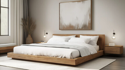 A minimalist bedroom with a low wooden platform bed