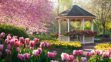 Romantic Spring Park with Gazebo and Colorful Flowers