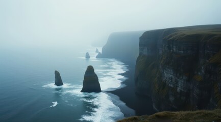 Misty ocean cliffs at dawn