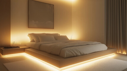 A minimalist bedroom with a low wooden platform bed