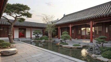 Traditional Chinese Siheyuan Courtyard House with Tranquil Garden