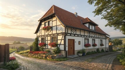 Traditional half-timbered Upper Lusatian house with landscape views