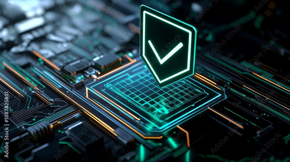 Poster cybersecurity validation action digital circuit board technology concept futuristic environment clos