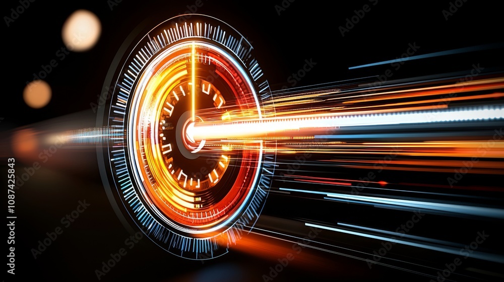 Poster dynamic speedometer technology displaying futuristic motion digital interface urban environment clos