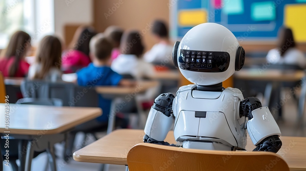 Poster futuristic robot assisting in educational environment ai powered technology for innovative teaching 