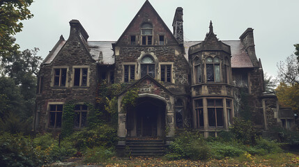 Haunting remnants dilapidated victorian style manor with crumbling stone walls and overgrown vines cobweb covered windows and a crooked. Dark Gothic Manor. Illustration