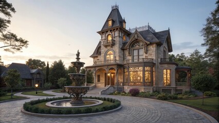 Obraz premium Victorian mansion with manicured garden and elegant fountain