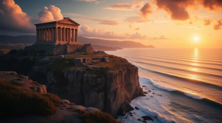Sunset over ancient temple by the sea