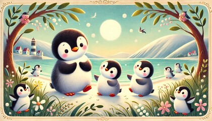 Naklejka premium Charming Storybook Illustration of Playful Penguins on a Scenic Shore with the Ocean in the Background