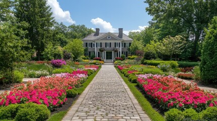 Obraz premium Scenic Formal Garden Pathway with Vibrant Flowers
