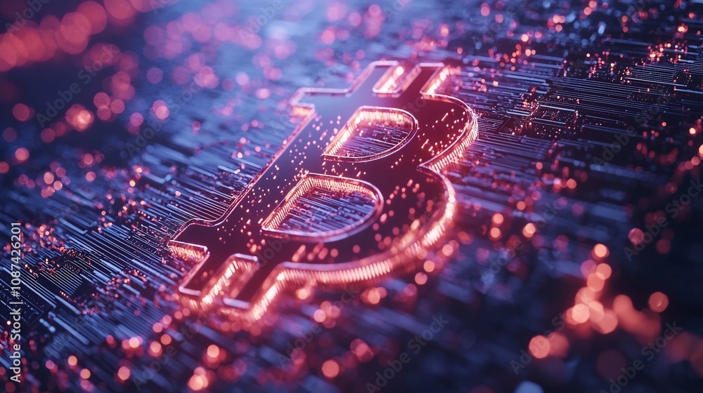 Poster glowing bitcoin cryptocurrency logo displayed on a mobile device screen with a cyberpunk inspired do
