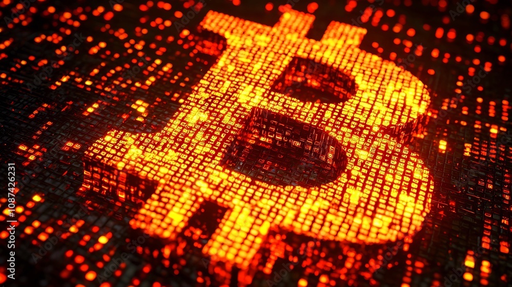 Poster glowing bitcoin cryptocurrency symbol on digital screen with futuristic grid pattern and double expo