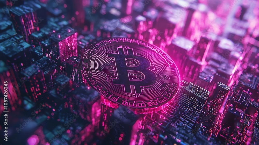 Poster glowing bitcoin logo on mobile screen with cool toned double exposure silhouette and cyber inspired 