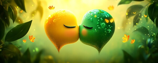 A warm couple kiss emoji in emerald green and yellow tones with vibrant highlights on a nature-themed backdrop ,