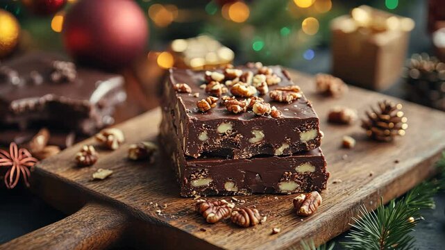 Preparing homemade Christmas fudge with chocolate, nuts, and festive packaging, ready for gifting. 4K Video