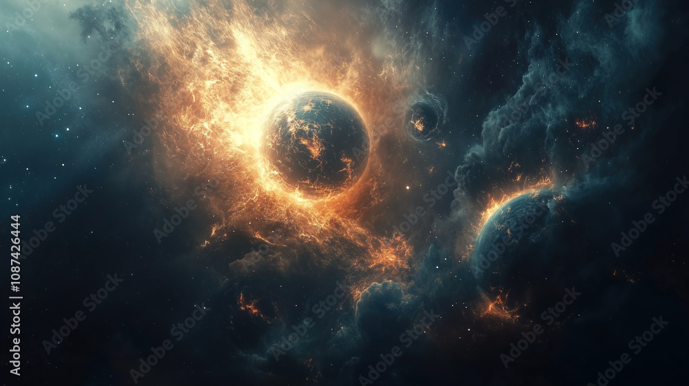 Poster A vibrant cosmic display of glowing planets and swirling nebulae in deep space illuminated by distant stars and celestial phenomena. Generative AI