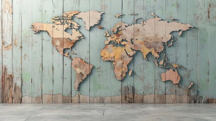 Detailed Map of the World Divided by Walls, Featuring Unique Textures and Colors on a Rustic Wood Background for Creative Design and Educational Purposes
