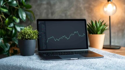 Organized workspace with laptop displaying market chart data and analytics in a minimalist office setup showcasing the technology and tools used in modern finance and investment management