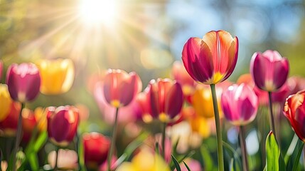 Vibrant Tulip Field in Serene Sunlight