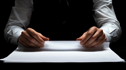 Naklejka premium Businessperson flipping through an official document on a table, isolated with ample space for text.
