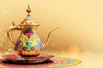 golden glossy, A design of a colorful patterned invitation or greeting card A design of a traditional Arabic coffee pot