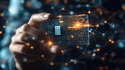 Person Holding Glowing Smart Card With Digital Verification Layers in Secure Environment for Secure Identification Finance and Cybersecurity Concepts