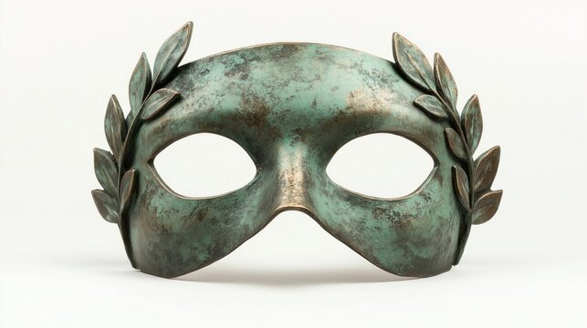 Roman inspired masquerade mask with green patina finish isolated on white background for costume design and themed celebrations