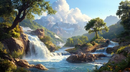 Stunning Mountain Landscape with Rushing Stream and Verdant Hills, Capturing the Beauty of Nature in a Serene Environment Near Majestic Peaks