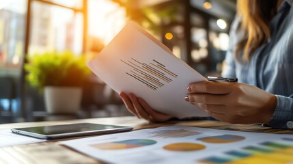 Businessperson's hands holding and reviewing an important document, isolated with ample space for text.