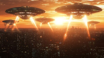 City Under Alien Attack - Photorealistic Panoramic Landscape of Chaos and Urgency with Cinematic Lighting