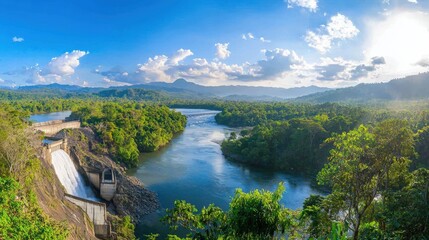 Breathtaking Panoramic View of a Sunlit Hydroelectric Dam Amidst Lush Greenery and Serene Waters Under a Vibrant Sky with Clouds and Mountains in the Background