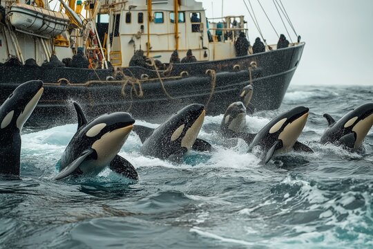 Encounter between a Japanese whaling ship and a pod of orcas in rough seas