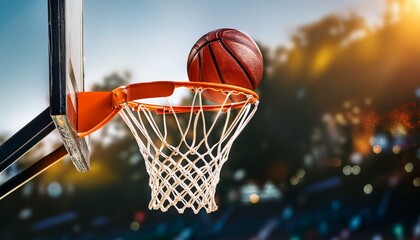 Fototapeta premium A basketball flying into the basket in the court