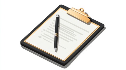 Clipboard with important contract document and pen, isolated on a plain background with ample space for text.