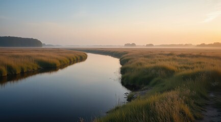 Tranquil river flowing through lush grasslands