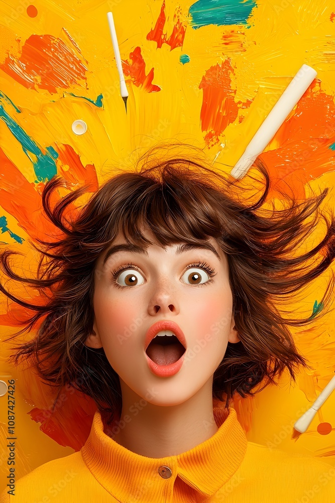 Poster lively and energetic retro pop art portrait of a young woman with an expression and dynamic gestural