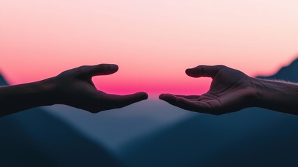 environments in teamwork on mindset. Two hands reach out towards each other against a serene sunset backdrop, symbolizing connection and unity.