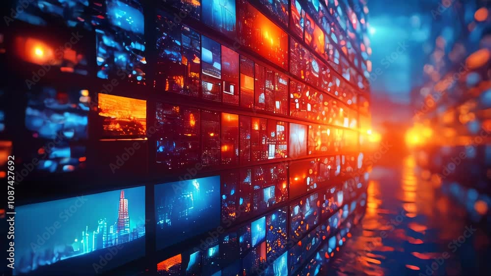 Poster a wall of multiple television screens displaying different channels and news. a media concept for in
