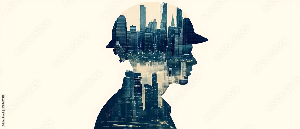 Poster double exposure of construction worker silhouette with urban cityscape, symbolizing progress, indust