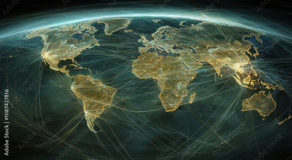 Poster a dark world map with glowing connections between cities, representing global connectivity and the i