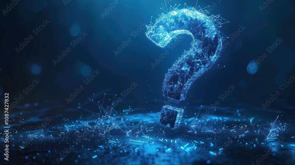 Poster a glowing blue question mark made of connected lines and dots, appearing to be made of digital data,