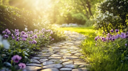 Obraz premium Serene Spring Garden with Cobblestone Pathway