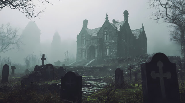 A spooky, dilapidated manor house sits amidst a graveyard in the fog. Dark Gothic Manor. Illustration
