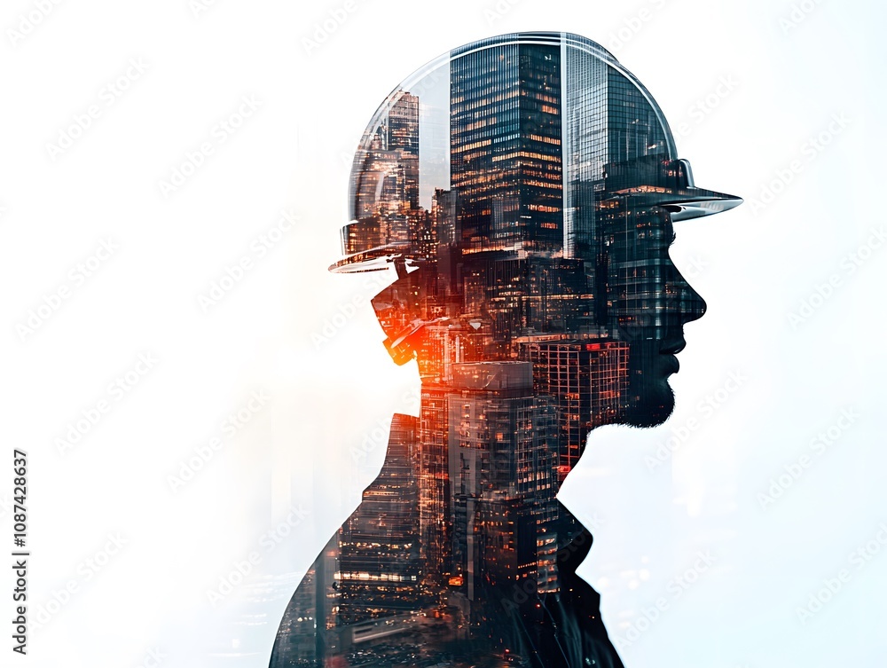 Aufkleber silhouette of a construction worker with a double exposure effect showing a city skyline, reflecting
