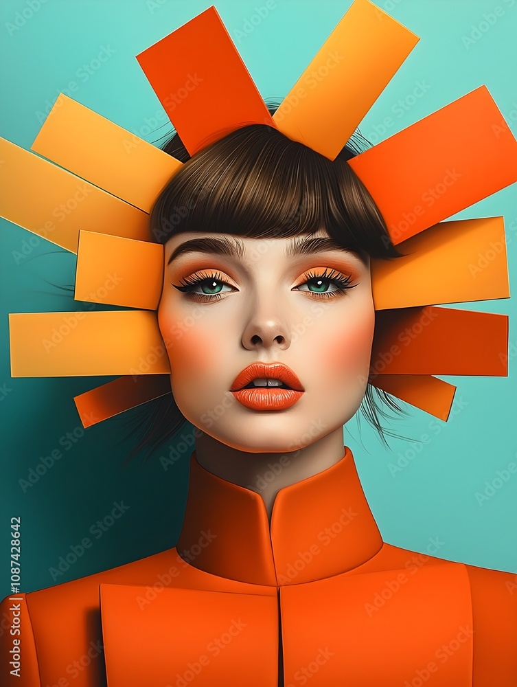 Poster retro pop art woman with striking features emotive expressions and surreal psychedelic motifs in a n