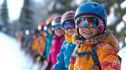 Children dressed warmly in colorful ski gear enjoying a snowy day on the slopes in winter