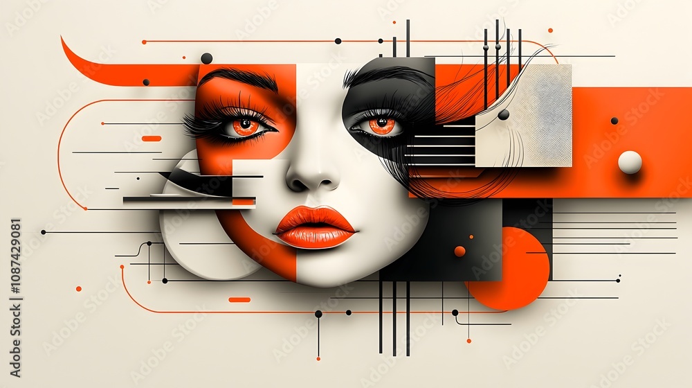 Poster striking retro pop art woman with expressive features and bold neo cubist patterns in a retro futuri