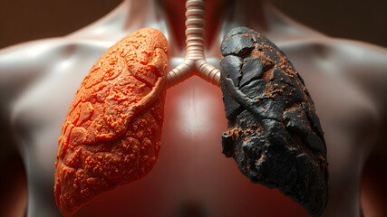 Realistic 3d illustration of healthy human lungs vs smoker lungs isolated on white background. Front view of human lungs before and after smoking.3d illustration.medical concept.
